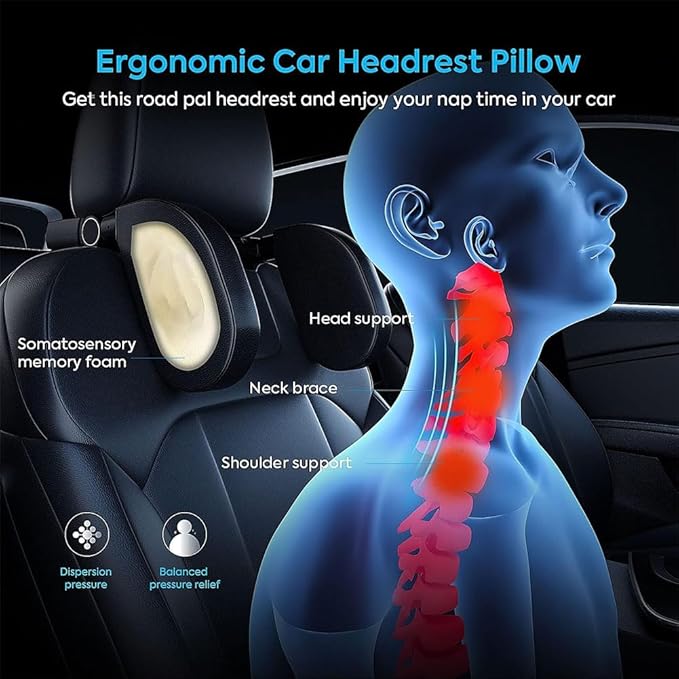 Car Seat Headrest Lumbar Support Kit for Tesla Model Y 2021 2022 2023, Ergonomic Memory Foam Head Neck Pillow Back Cushion Drivers Travel Anti Fatigue,B/Coffee Color