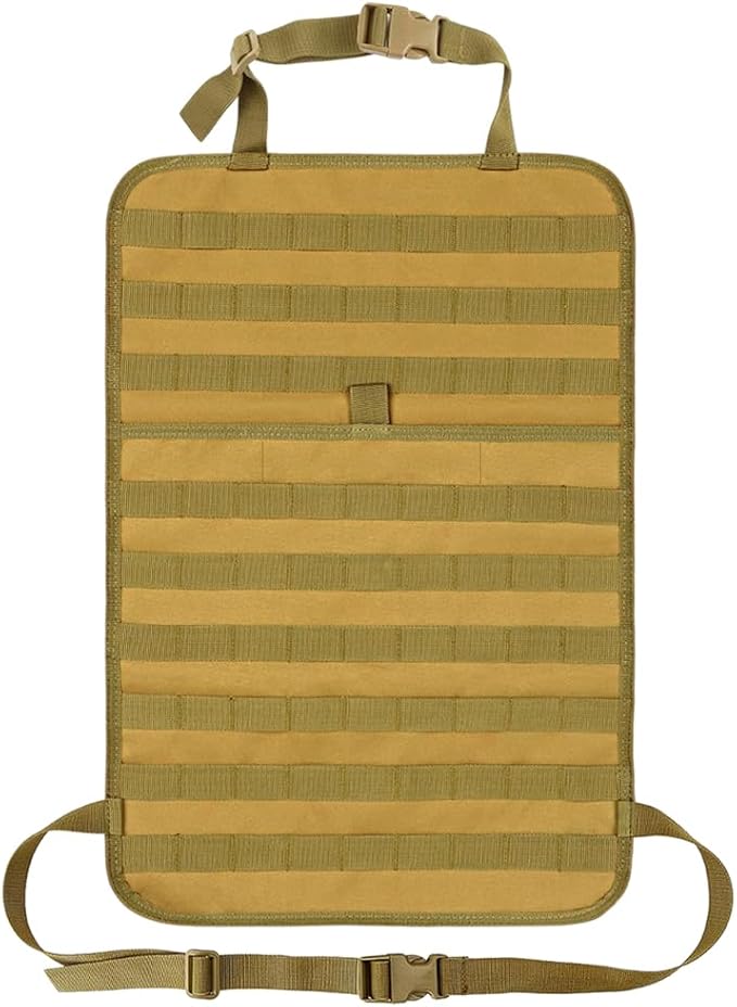 Car Seat Back Organizer, Tactical MOLLE Sag Proof Vehicle Panel Backseat Cover Protector, Universal Molle Nylon Storage Bag Seat Back Hanger Pad for Car Truck SUV Pickup (Khaki)