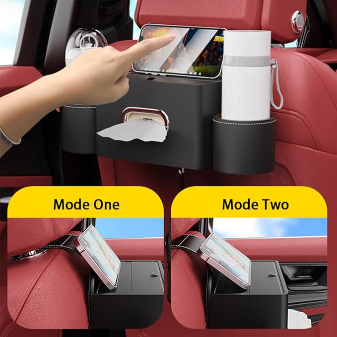 Seat Back Organizer, Full Leather Cover Tissue Case Headrest Storage Box with 2 Cup Holders and Hook Multi-functional Durable Back Seat Storage Tool for Family Travel and Kids Care Black