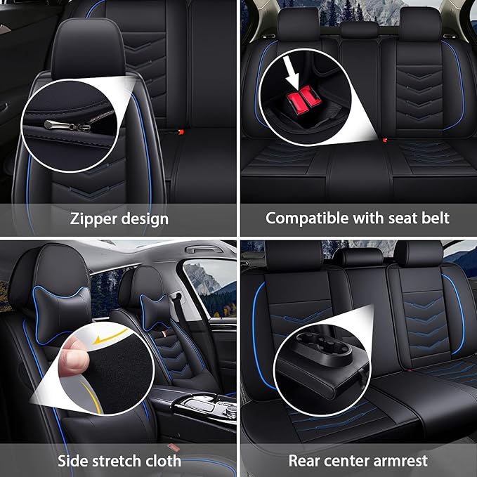 MVRVMV Seat Covers for Ford Bronco 2021-2026, Waterproof Leather Auto Seat Cover with 2* Neck Pillow and 2* Lumbar Support (2 Seat Luxury,Black-Blue)