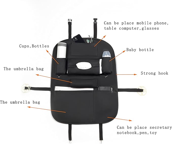 Backseat Car Organizer, Black Backseat Organizers PU Leather Storage Bag Holder Pocket Back Seat Protector Kick Mats Seat Back Organizer for Kids