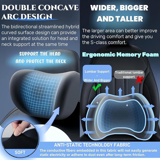 Car Headrest & Lumbar Support Cushion for Citroen DS3 C5 C3 C2 C4 C6, Ergonomic Automotive Seat Neck Pillow Lumbar Backrest Pad Neck Back Pain Relief Detachable Washable, Brown