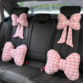 Car Accessories Plaid Bow Headrest Lumbar Pillow 4PCs Set Cotton Linen Elegant Soft Car Seat Cushions for Daily Commuting Trave (Pink Plaid,4pcs)