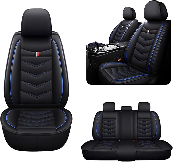 MVRVMV Seat Covers for Ford F-250 2010-2026, Waterproof Leather Auto Seat Cover (5 Seat Standard,Black-Blue)