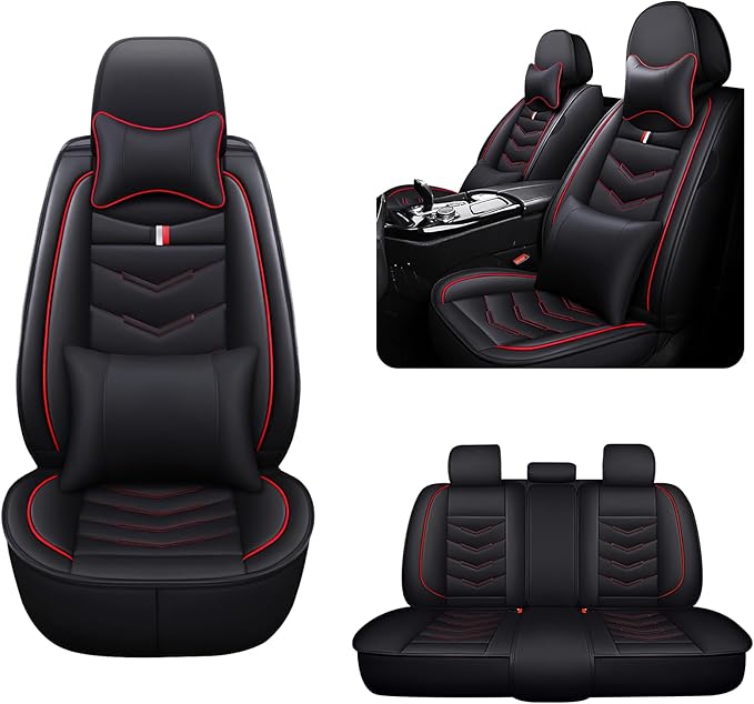 MVRVMV for Ford F-150 2010-2026 Seat Covers, Waterproof Leather Seat Cover with 2* Neck Pillow and 2* Lumbar Support (5 Seat Luxury,Black-Red)