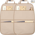 pefirst Kick Mat Back Seat Protector Waterproof Leather Car Seat Back Organizers Cover with 3 Storage Pockets for Kids Pets SUV Sedan Minivan Truck Car Travel Accessories (Beige 2-Pack)