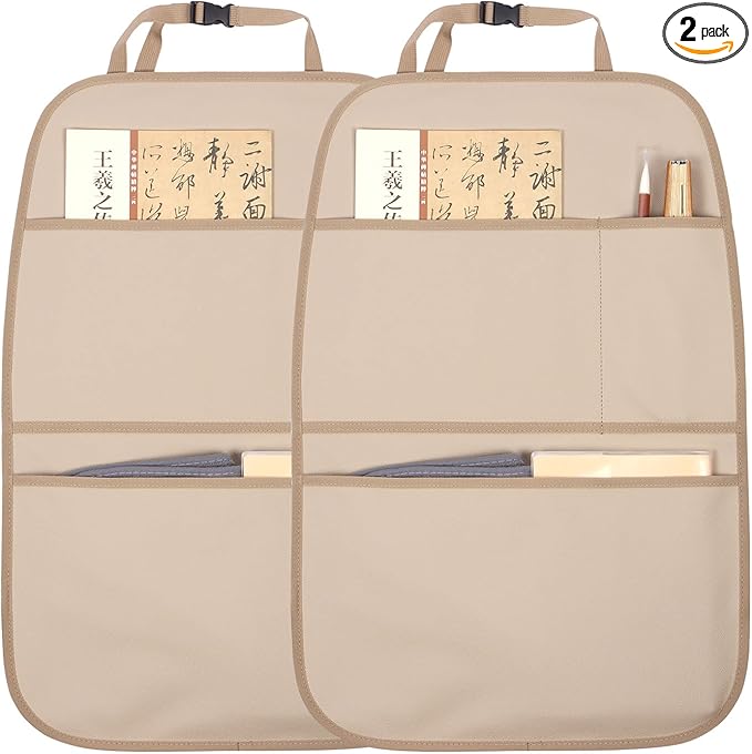pefirst Kick Mat Back Seat Protector Waterproof Leather Car Seat Back Organizers Cover with 3 Storage Pockets for Kids Pets SUV Sedan Minivan Truck Car Travel Accessories (Beige 2-Pack)