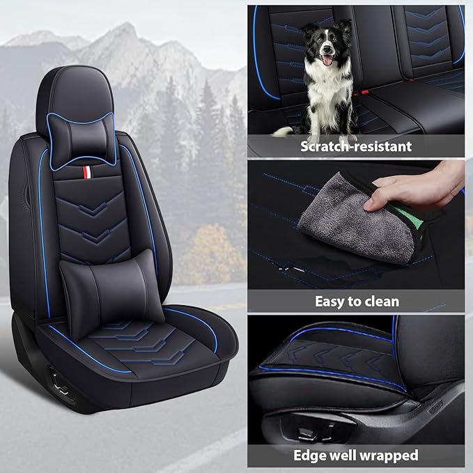 MVRVMV Seat Covers for Ford Mustang 2006-2026, Waterproof Leather Auto Seat Cover with 2* Neck Pillow and 2* Lumbar Support (2 Seat Luxury,Black-Blue)