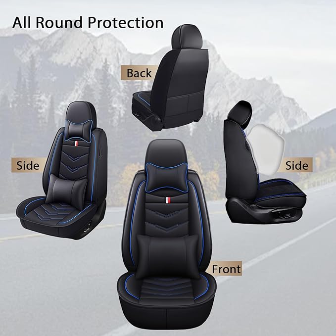 MVRVMV Seat Covers for Ford Expedition 2007-2026, Waterproof Leather Auto Seat Cover with 2* Neck Pillow and 2* Lumbar Support (5 Seat Luxury,Black-Blue)