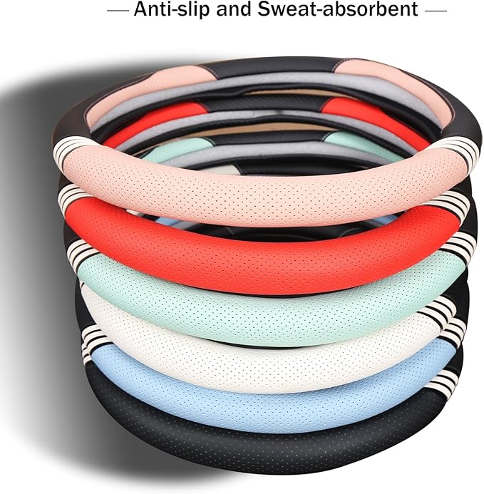 14 inch Cute Steering Wheel Cover for Women Men Faux Leather and Carbon Fiber,Black and Green