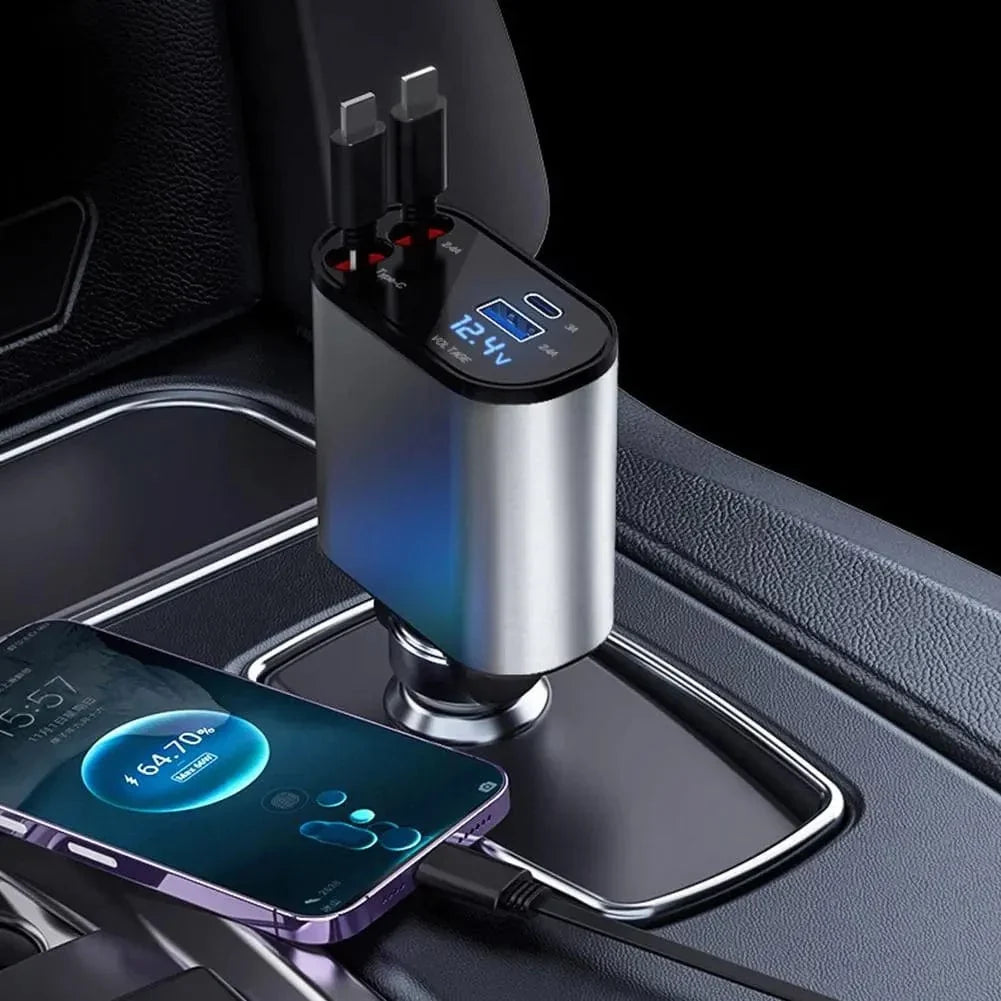 4-in-1 Retractable Super-Fast Car Charger, USB Type C Cable for iPhone & Samsung